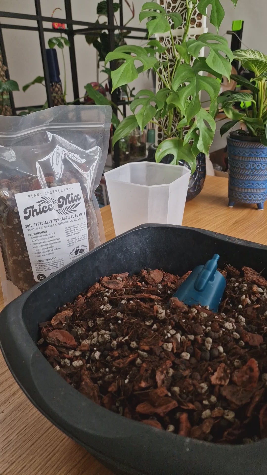 Shovelling soil into a pot with a scoop